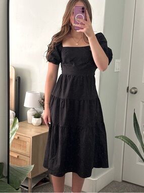 Black Puff-Sleeve Tiered Midi Dress - Classic Women's Dress
